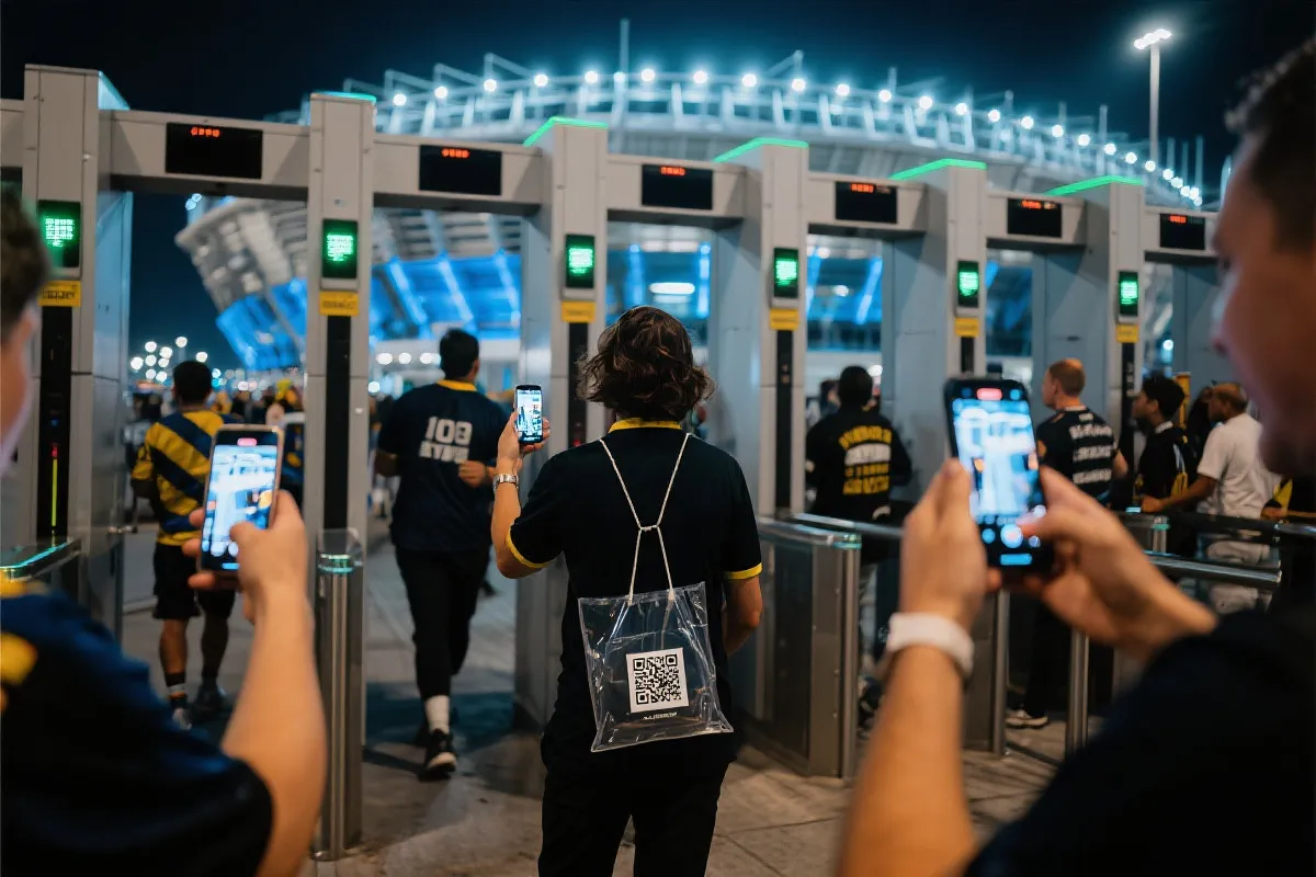球迷轻装入场通过安检闸机的场景，强调二维码验票与小包策略