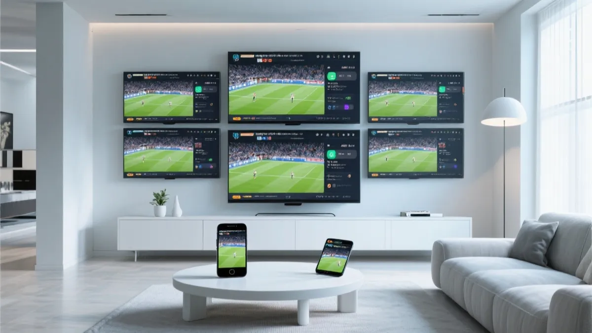 手机、平板、电视多屏同看体育直播的场景，简洁现代家居